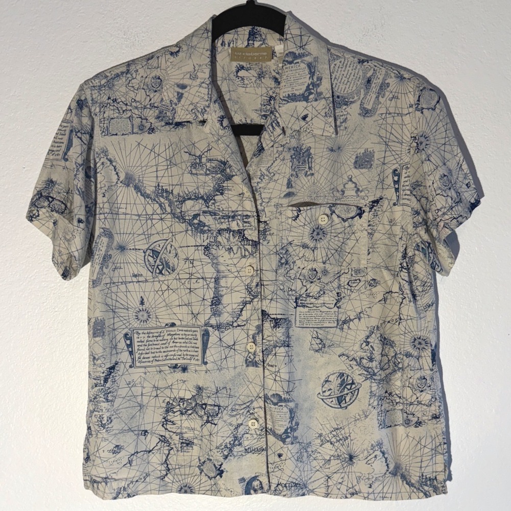 Liz Claiborne Lizwear Nautical Map Print Rayon Button Up Shirt Vintage Small